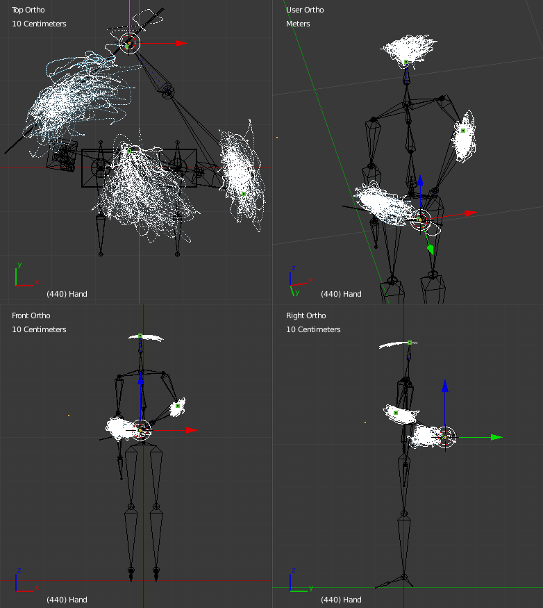 Blender's modular interface showing motion paths generated from the data captured from a saxophone player